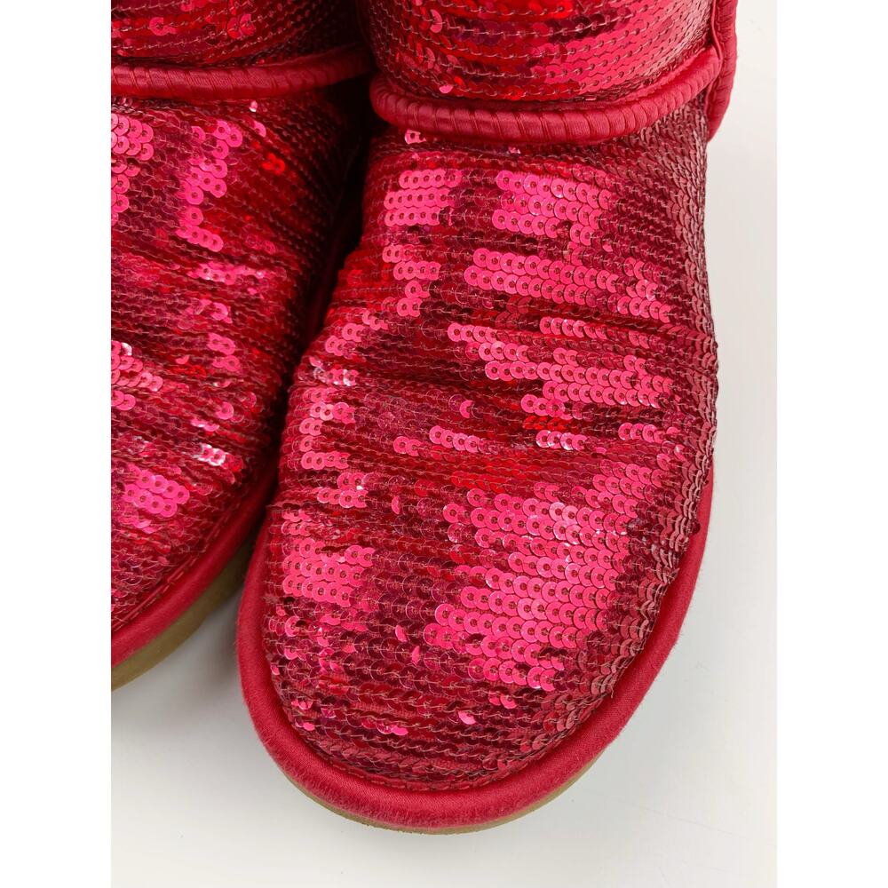 Ugg Classic Sequin Sparkle Boots Short Pink Ruby Red Plush Lining Women's 6 - Picture 3 of 12
